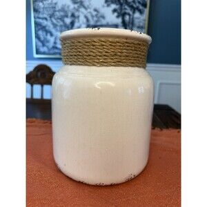 Rustic White Ceramic Crock w Jute Rope Collar Cottage Core / Vase / Decor